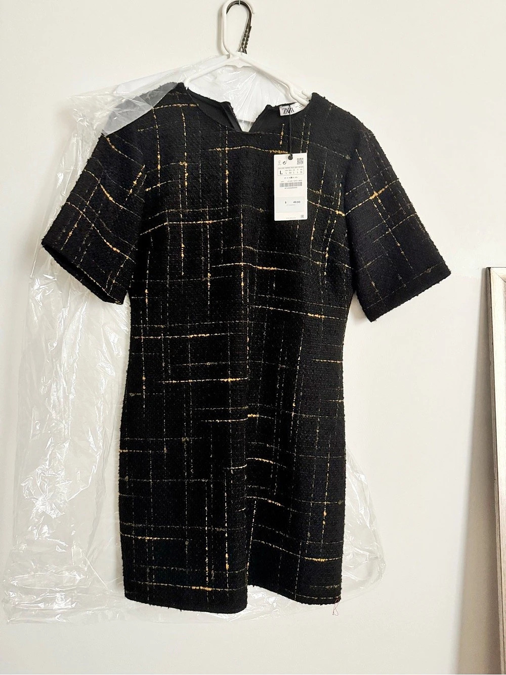 Zara Plaid Mini Dress in Black & Gold Size Large NWT